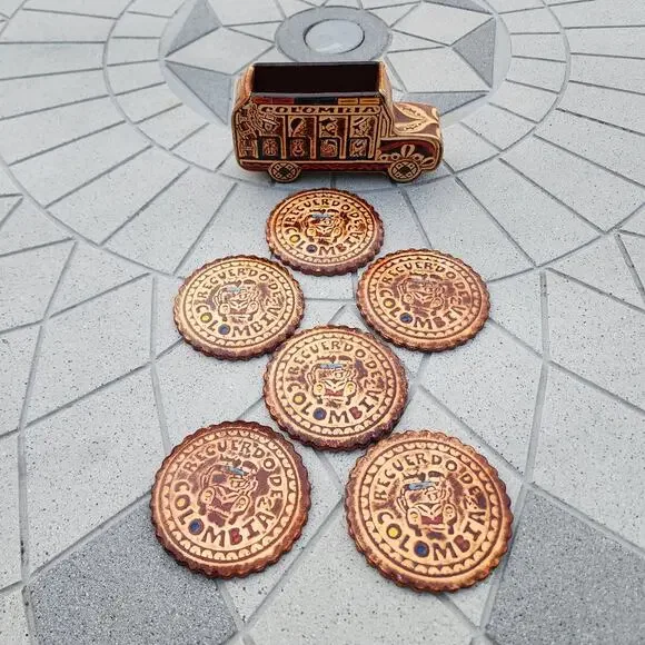 Colombia Folk Art Handcrafted Leather Bus Scalloped Coaster Holder Souvenir - Picture 8 of 11